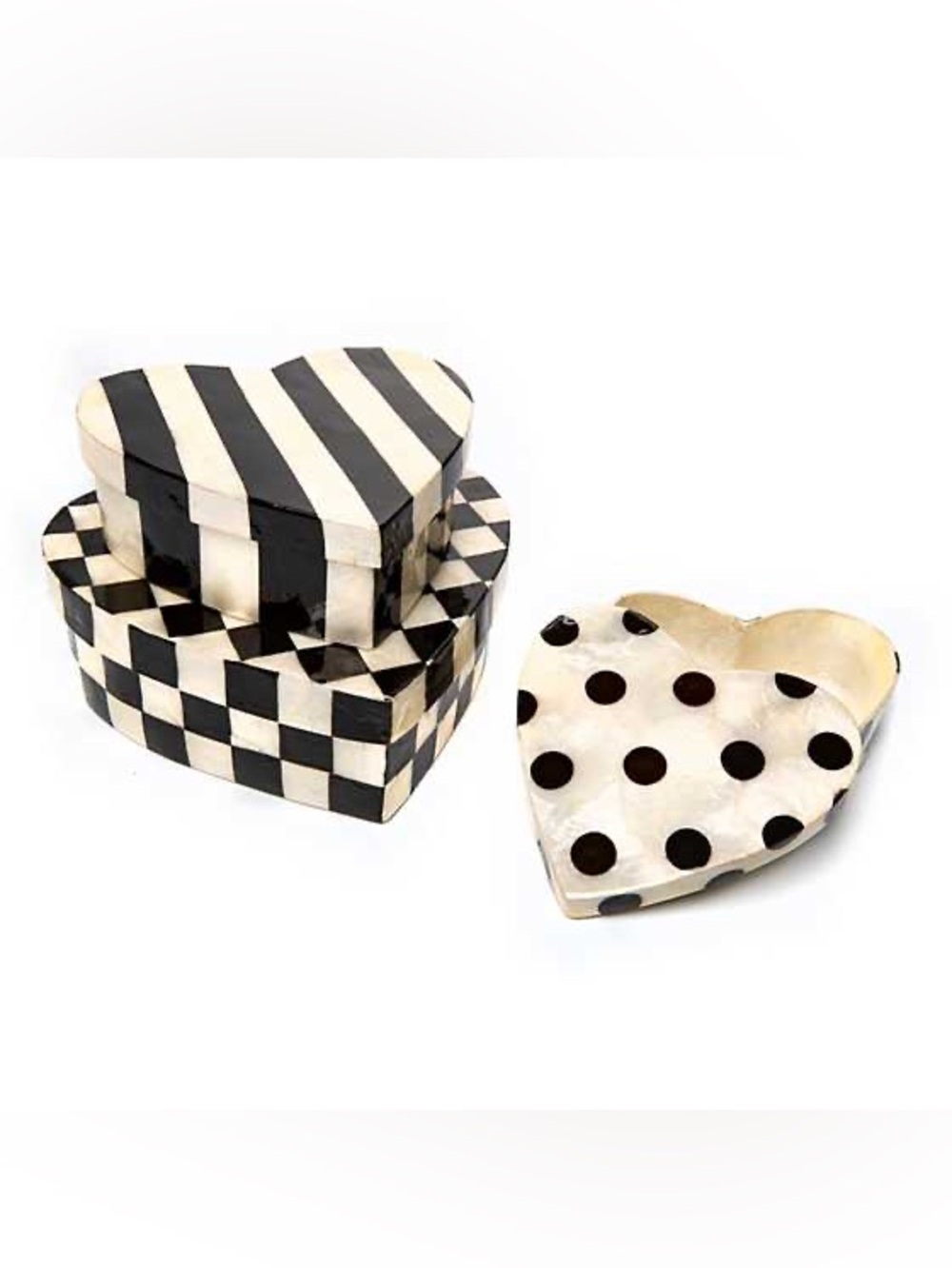 MACKENZIE-CHILDS | Set of 3 Black and White Nesting Heart Boxes